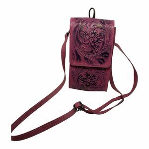 Handmade Women's Purple Tooled Leather Floral Crossbody Phone Case Bag